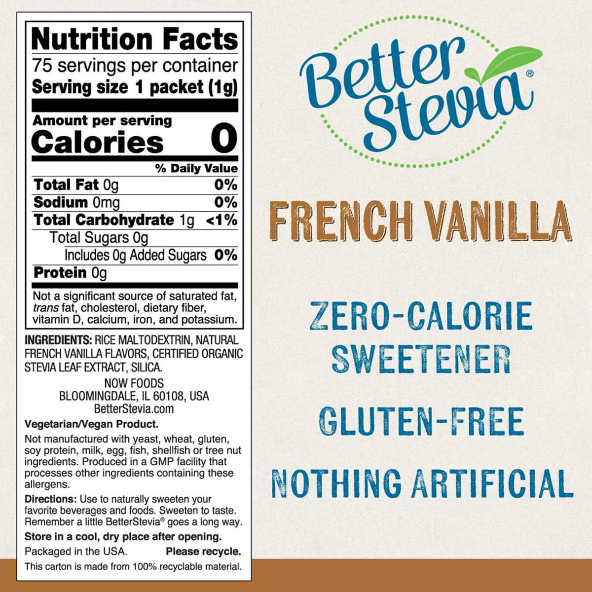 Now Foods BetterStevia French Vanilla 75 Packets Per Box - 6863 - 2 Pack