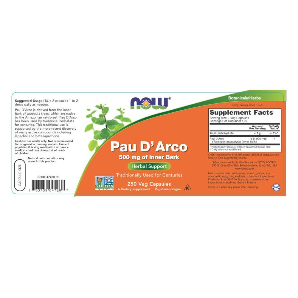Now Foods Pau D'Arco 500 mg 250 Vcaps - 4726