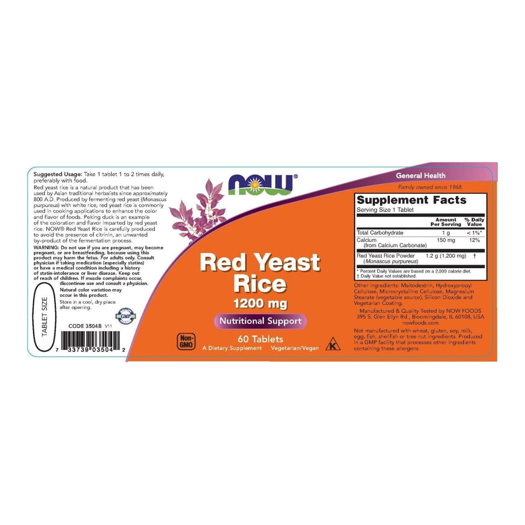 Now Foods Red Yeast Rice 1200 mg 60 Tablets - 3504