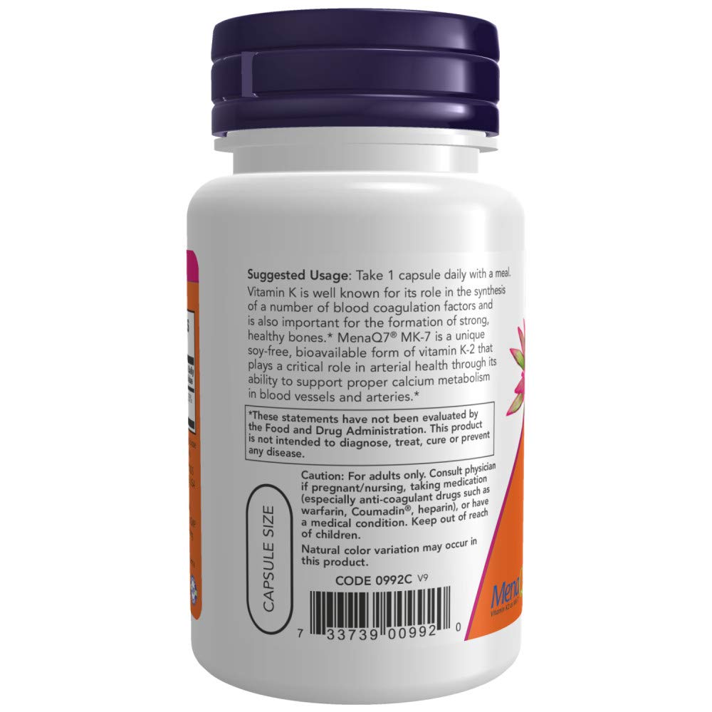 Now Foods Vitamin K-2 (MK7) Veg Capsules, 100 mcg, 60 Count, Pack of 2