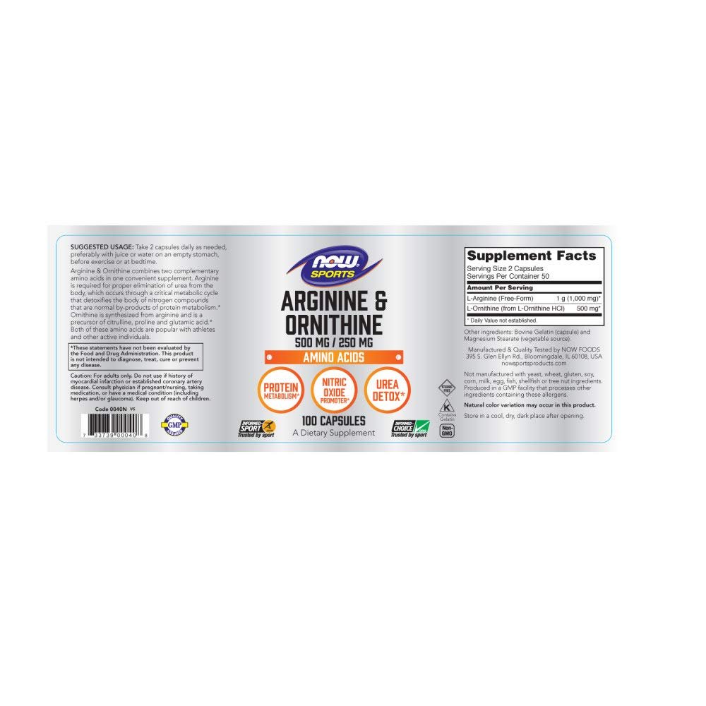 Now Sports Arginine & Ornithine 500 mg / 250 mg 100 Vcaps - 0040