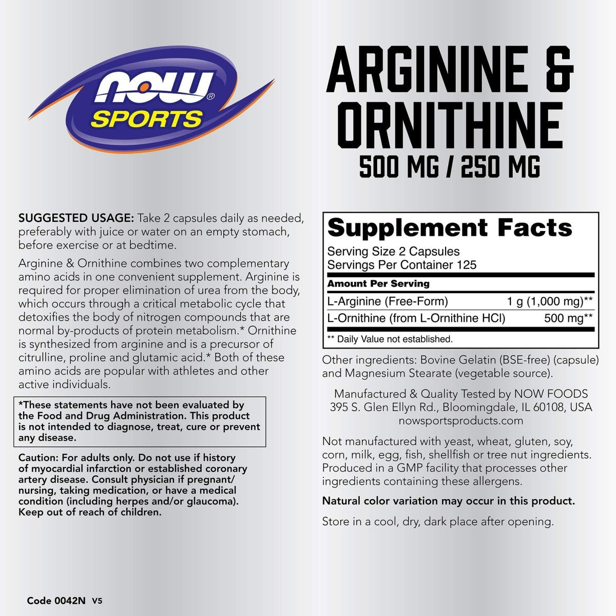 Now Sports Arginine & Ornithine 500 mg / 250 mg 250 Vcaps - 0042