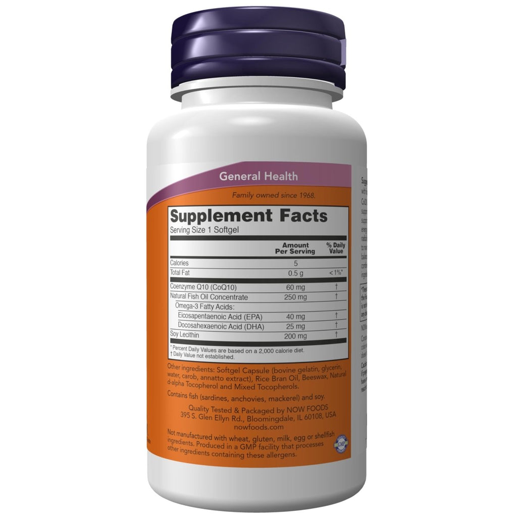 NOW Supplements, CoQ10 60 mg with Omega 3 Fish Oil, Cardiovascular Health*, 60 Softgels