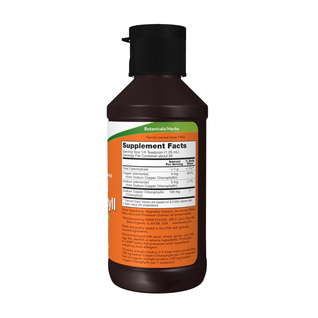 NOW Supplements, Extra Strength Liquid Chlorophyll, Unflavored, Internal Deodorizer*, Promotes Cleansing*, Freshens Breath*, 4X Concentration, 4 FL. OZ. (118 mL)
