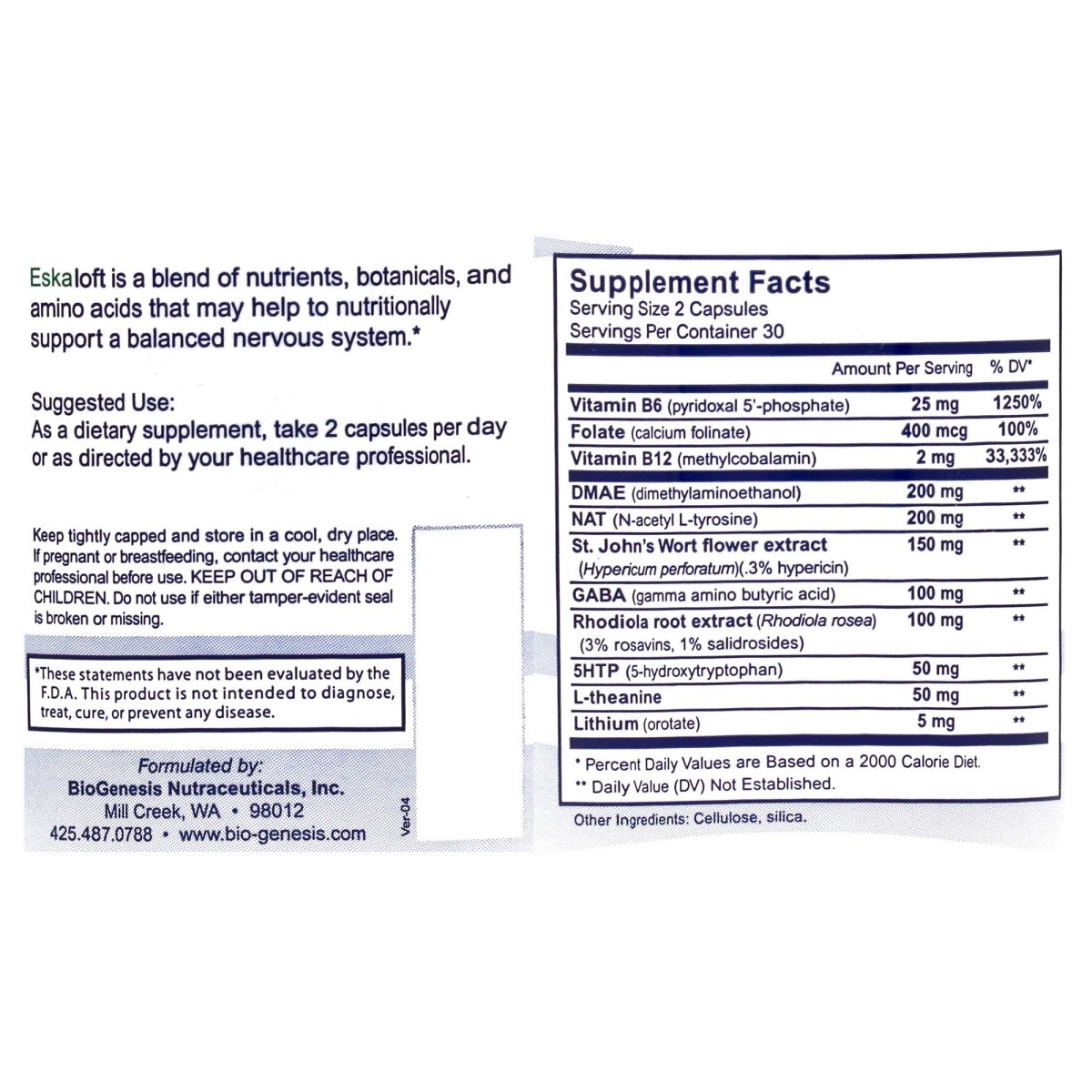 Nutra Biogenesis Eskaloft - B Vitamins - 120 Capsules -, Rhodiola and St. John's Wort to Help Support Mental Health & Stress Response - Gluten Free