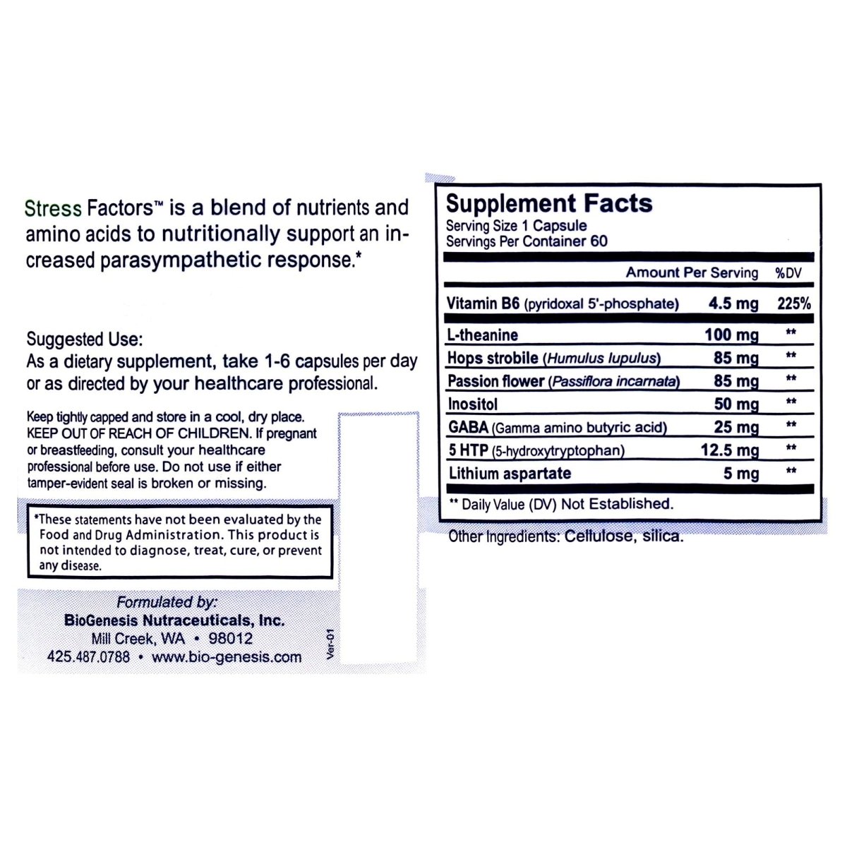 Nutra BioGenesis Stress Factors - 120 Caps - Vitamin B6, Lithium and GABA to Help Support Stress Response and Mental Health - 60 Capsules