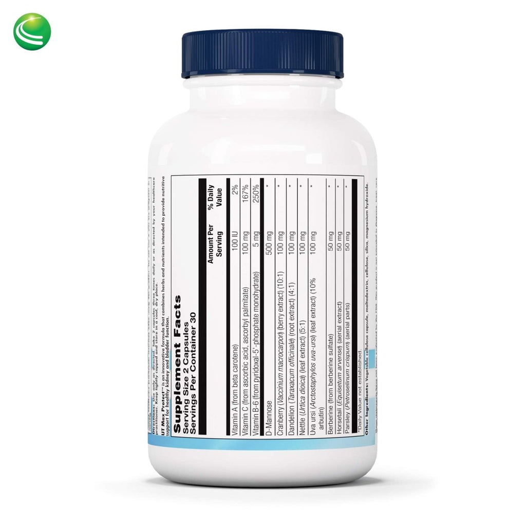 Nutra BioGenesis - UT Max Protect - Cranberry Extract, D-Mannose, Uva Ursi and Vitamin A for Urinary Tract Support, Kidney Health, and Bladder Comfort - Gluten Free, Vegan, Non-GMO - 60 Capsules