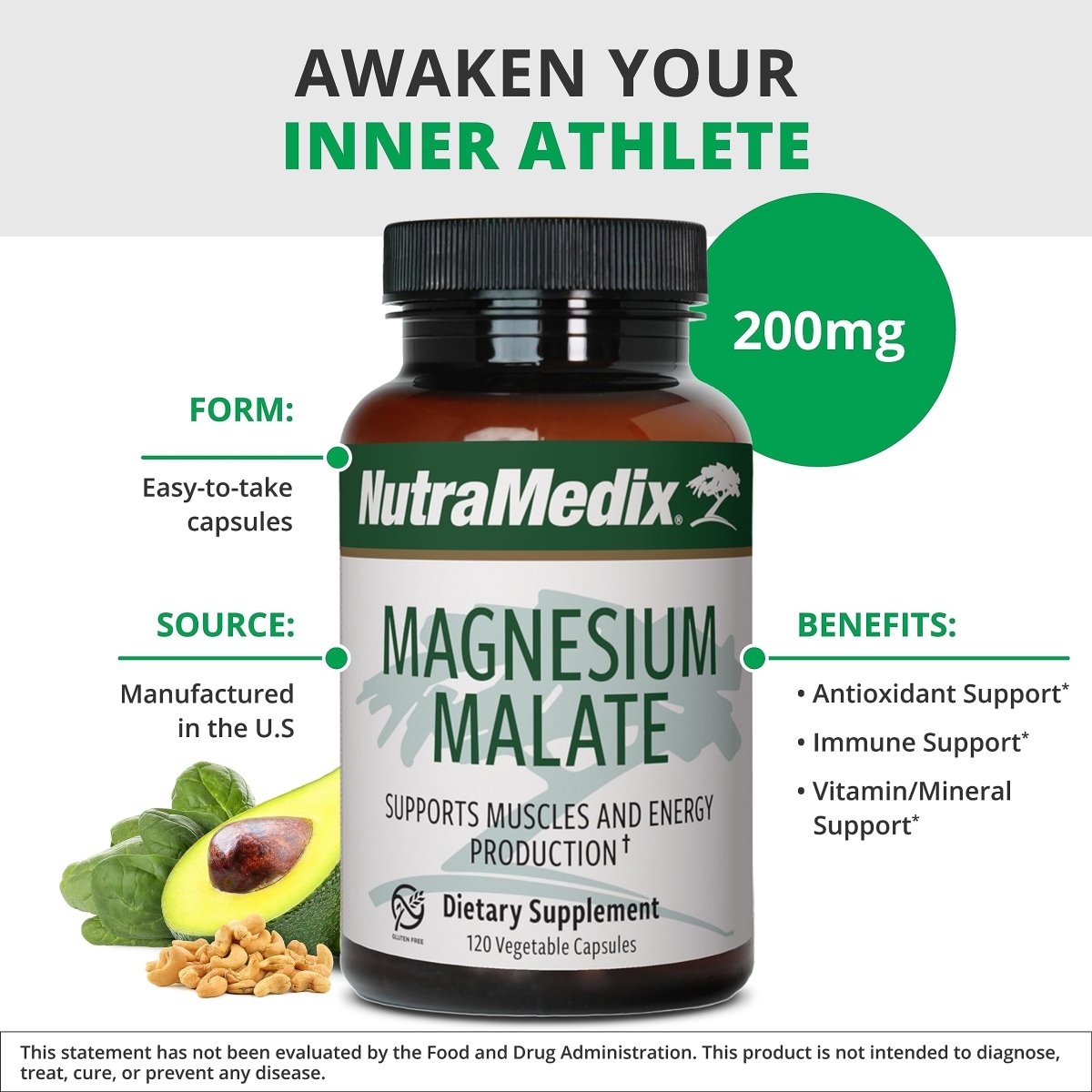 NutraMedix Magnesium Malate 200mg - Bioavailable Energy, Bone Health, Muscle & Joint Support Supplement - Vegan, Non-GMO & Gluten-Free Vitamin and Mineral Support (120 Vegetarian Capsules)