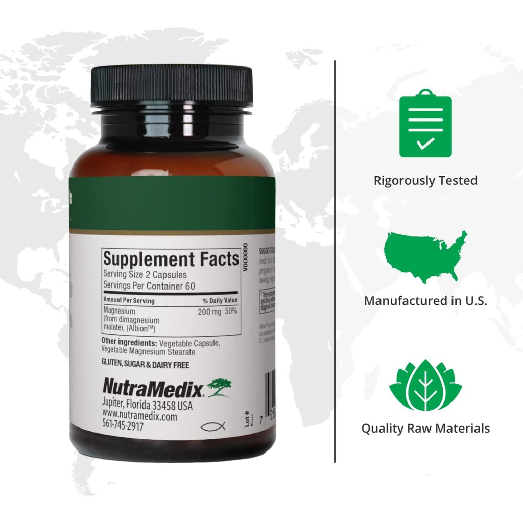 NutraMedix Magnesium Malate 200mg - Bioavailable Energy, Bone Health, Muscle & Joint Support Supplement - Vegan, Non-GMO & Gluten-Free Vitamin and Mineral Support (120 Vegetarian Capsules)
