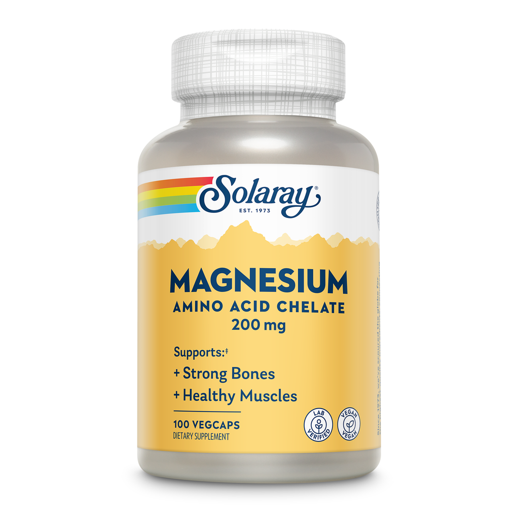 Solaray Magnesium Amino Acid Chelate 200 mg, Chelated Magnesium Supplement for Bone Health, Heart Health and Muscle Function Support, Vegan, 60-Day Money Back Guarantee, 100 Servings, 100 VegCaps