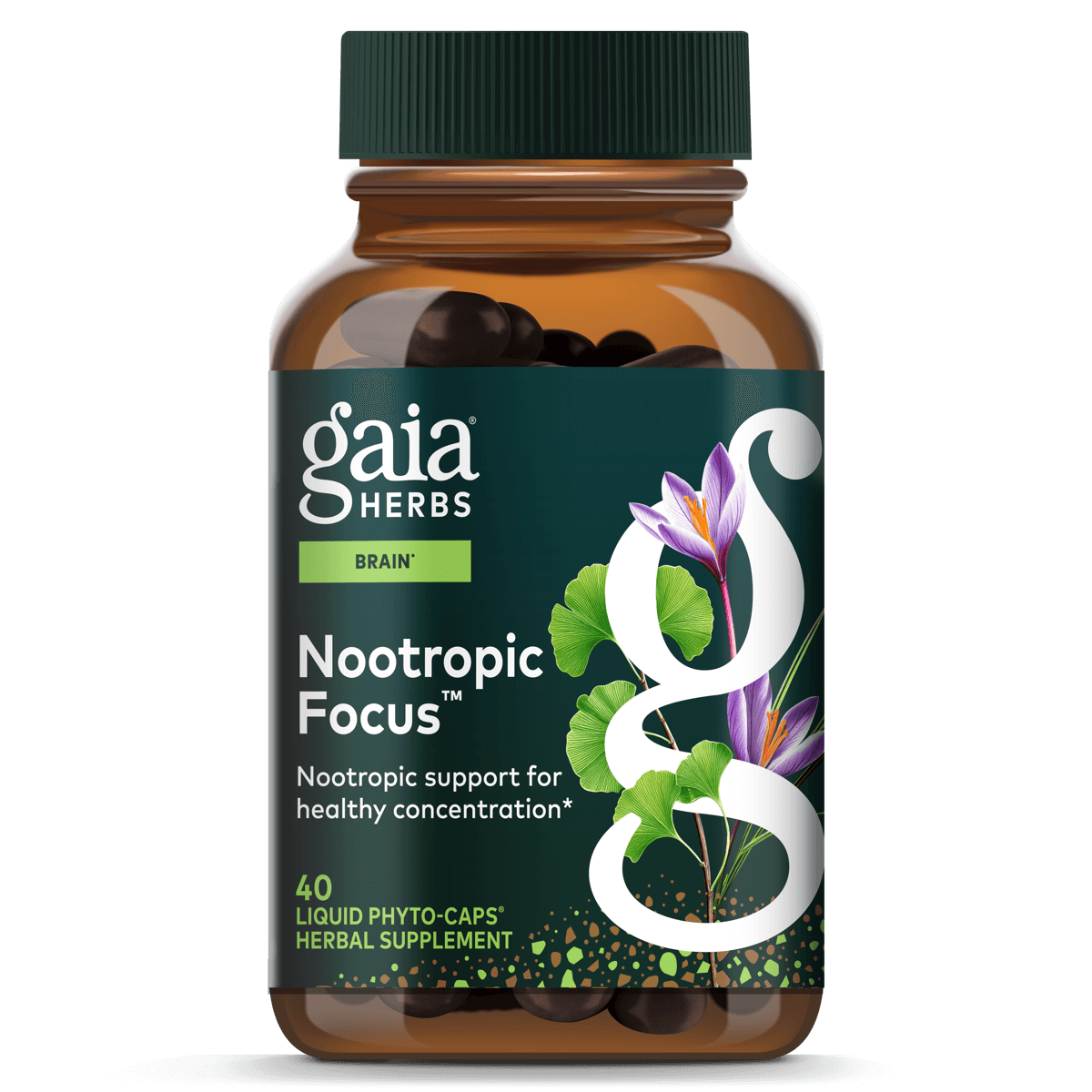 Gaia Herbs Nootropic Focus - Brain & Cognitive Support Supplement to Help Maintain Healthy Concentration* - with Saffron, Lemon Balm & Spearmint - 40 Liquid Phyto-Capsules (Up to 20-Day Supply)