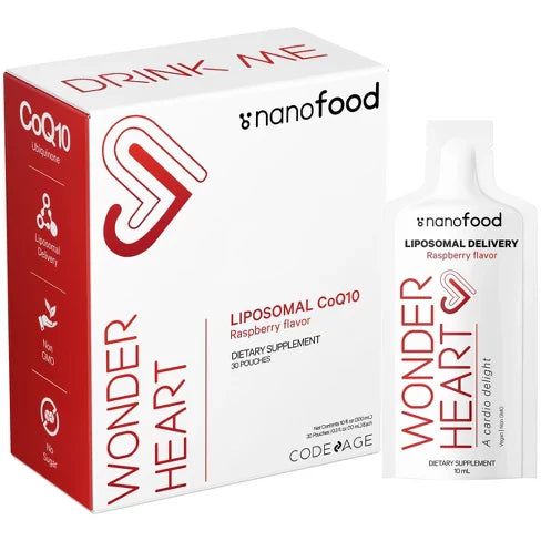 Codeage - Wonder Heart Liquid Liposomal CoQ10 as Ubiquinone with Non-GMO Sunflower Oil Raspberry Flavor - 30 Pouches