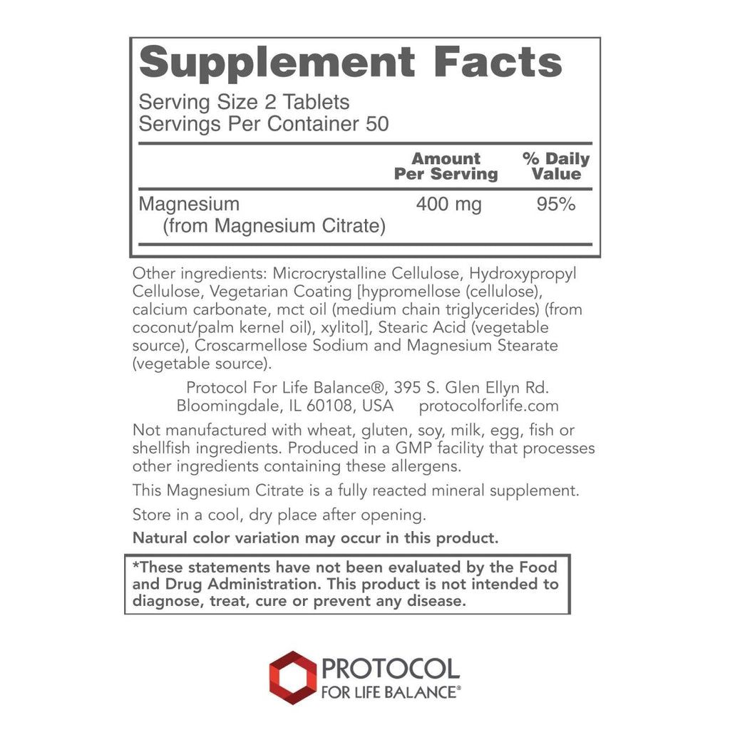 Protocol for Life Balance Magnesium Citrate 400mg 100 Tablets - P1290