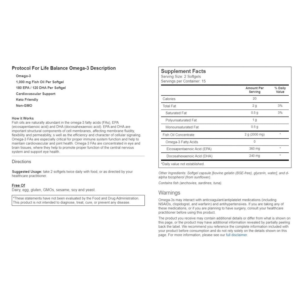 PROTOCOL FOR LIFE BALANCE - Ultra Omega-3 (180 EPA / 120 DHA) - 30 Softgels