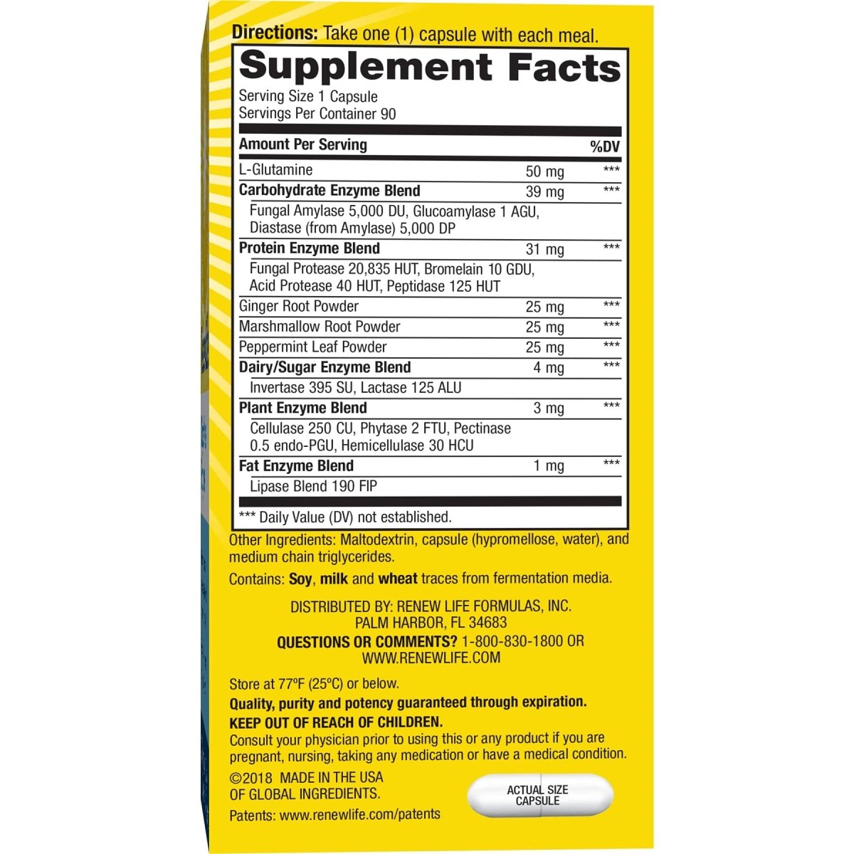 Renew Life Adult Digestive Enzyme - L-Glutamine, DigestMore Plant-Based Foods Enzyme Formula for Men & Women, Smooths Digestive Tract, Vegetarian, 90 Capsules