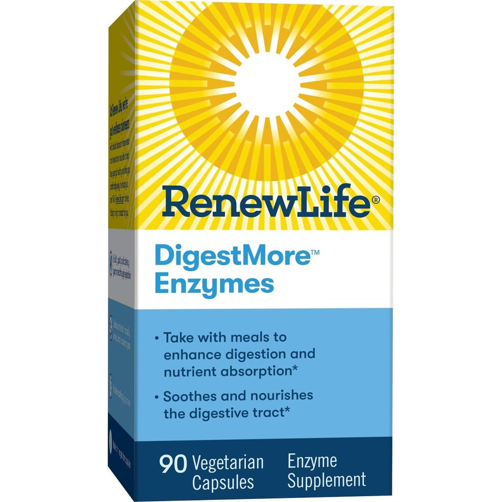 Renew Life Adult Digestive Enzyme - L-Glutamine, DigestMore Plant-Based Foods Enzyme Formula for Men & Women, Smooths Digestive Tract, Vegetarian, 90 Capsules