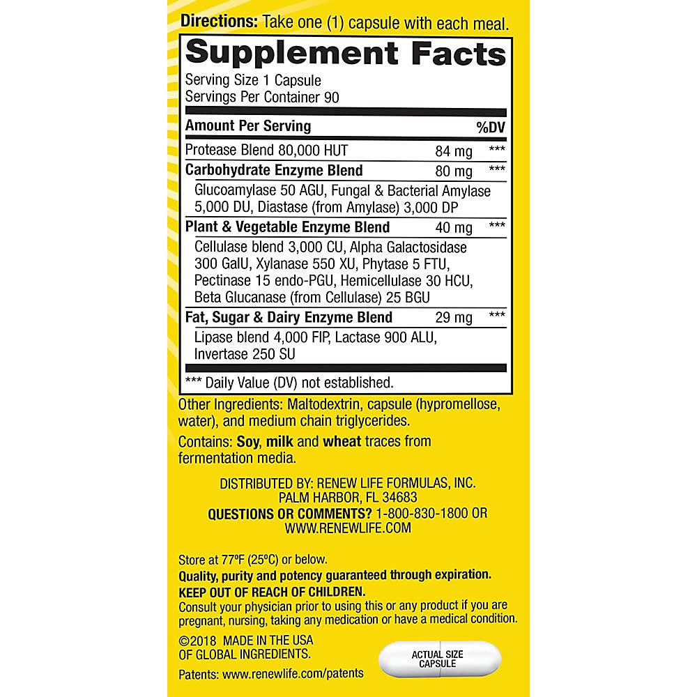 Renew Life Adult Digestive Enzymes, Dietary Supplement Enhances Digestion & Nutrient Absorption, Helps Relieve Gas, Bloating & Indigestion, Dairy, Soy & Gluten Free, 90 Capsules