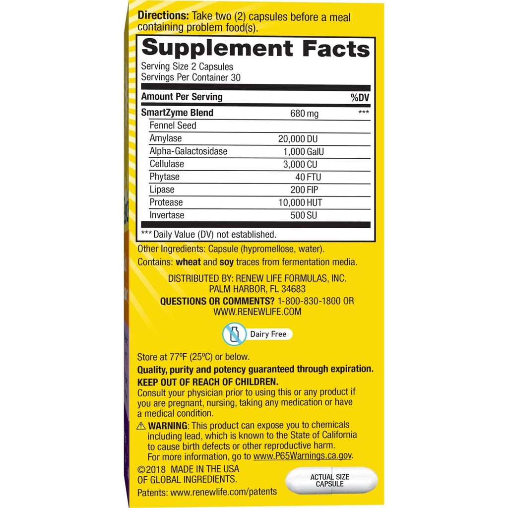 Renew Life Adult Plant-Based Enzyme Supplement, Fennel Seed Helps Relax Digestive Tract, Gas Stop Enzyme Formula, Dairy Free, Vegetarian, 60 Capsules