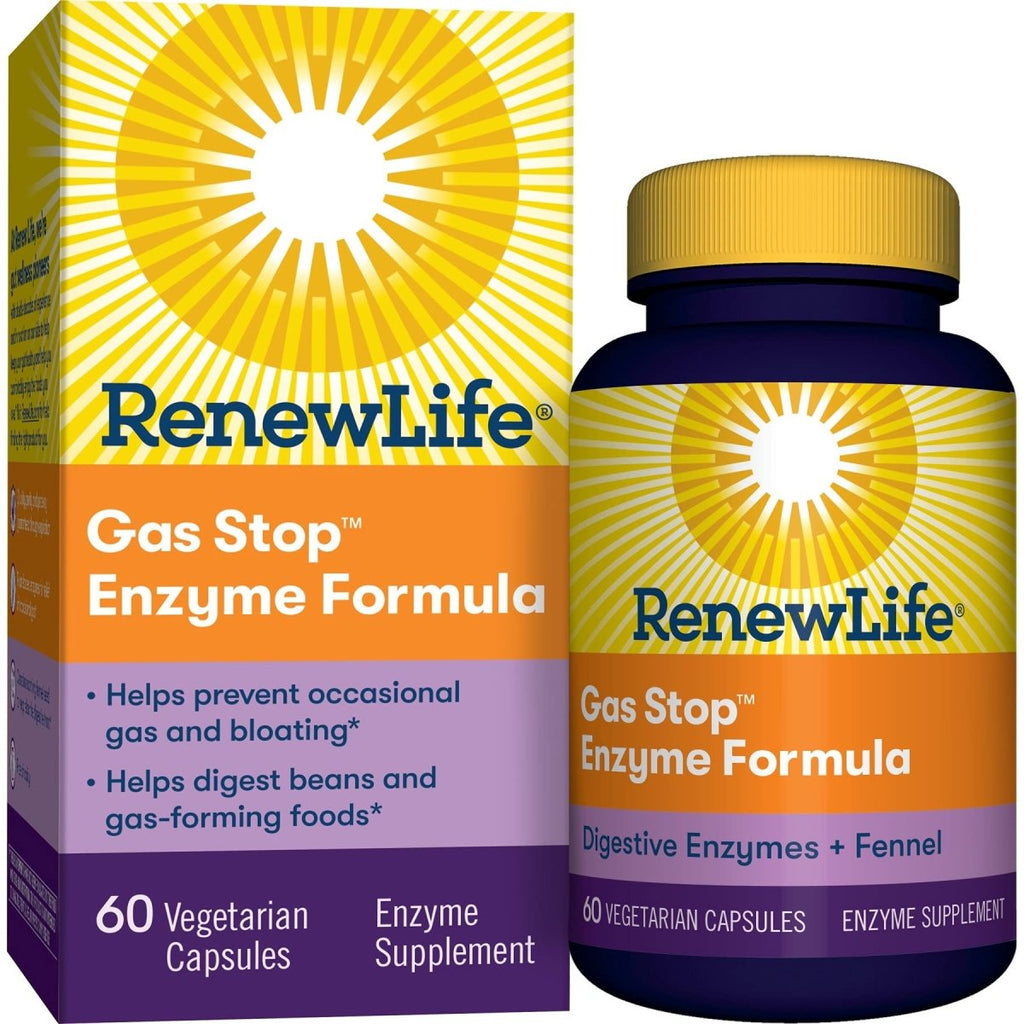 Renew Life Adult Plant-Based Enzyme Supplement, Fennel Seed Helps Relax Digestive Tract, Gas Stop Enzyme Formula, Dairy Free, Vegetarian, 60 Capsules