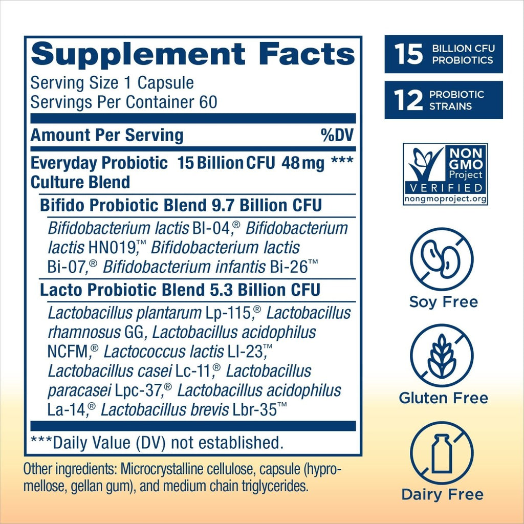 Renew Life Adult Probiotics, 15 Billion CFU Guaranteed, Everyday Probiotic Supplement for Digestive & Immune Health, Shelf Stable, Gluten Dairy & Soy Free, 60 Capsules