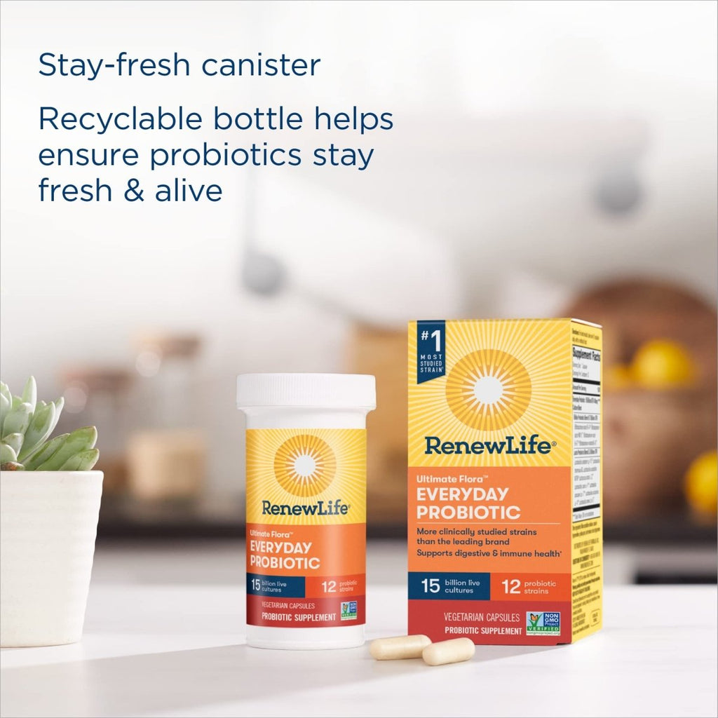 Renew Life Adult Probiotics, 15 Billion CFU Guaranteed, Everyday Probiotic Supplement for Digestive & Immune Health, Shelf Stable, Gluten Dairy & Soy Free, 60 Capsules