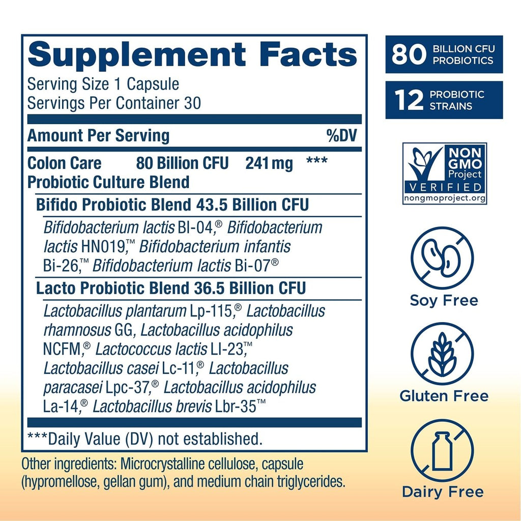 Renew Life Adult Probiotics, 80 Billion CFU Guaranteed, Colon Care Probiotic Supplement for Digestive, Immune, Shelf Stable, Gluten Dairy & Soy Free, 60 Capsules