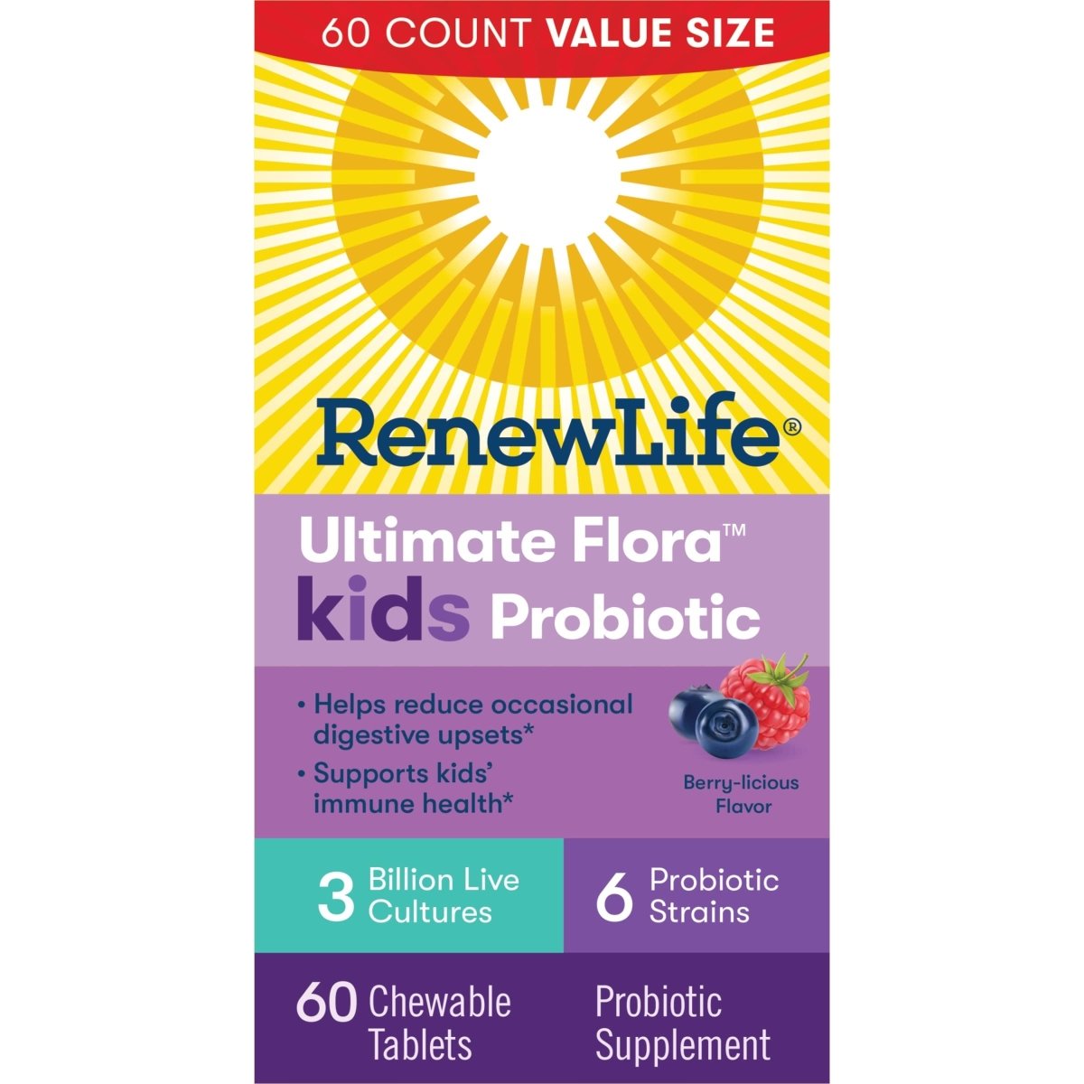 Renew Life Kids Probiotic Gummies, Supports Digestive & Immune Health, Soy, Dairy & Gluten Free, Berry, 60 Chewable Tablets