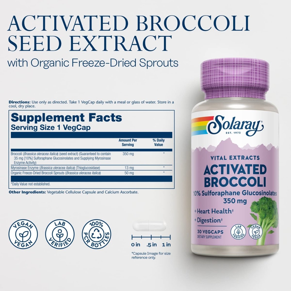 SOLARAY Activated Broccoli Seed Extract 350 mg, 10% Sulforaphane Glucosinolates for Antioxidant Support, Heart Health and Digestive Support, Vegan and Lab Verified, 30 Servings, 30 VegCaps
