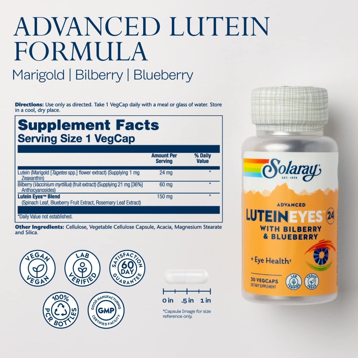 SOLARAY Advanced Lutein Eyes 24mg with Bilberry Extract and Blueberry Extract, Eye & Macular Health Support Supplement Supplying Zeaxanthin from Marigold, Vegan, 30 Servings, 30 VegCaps