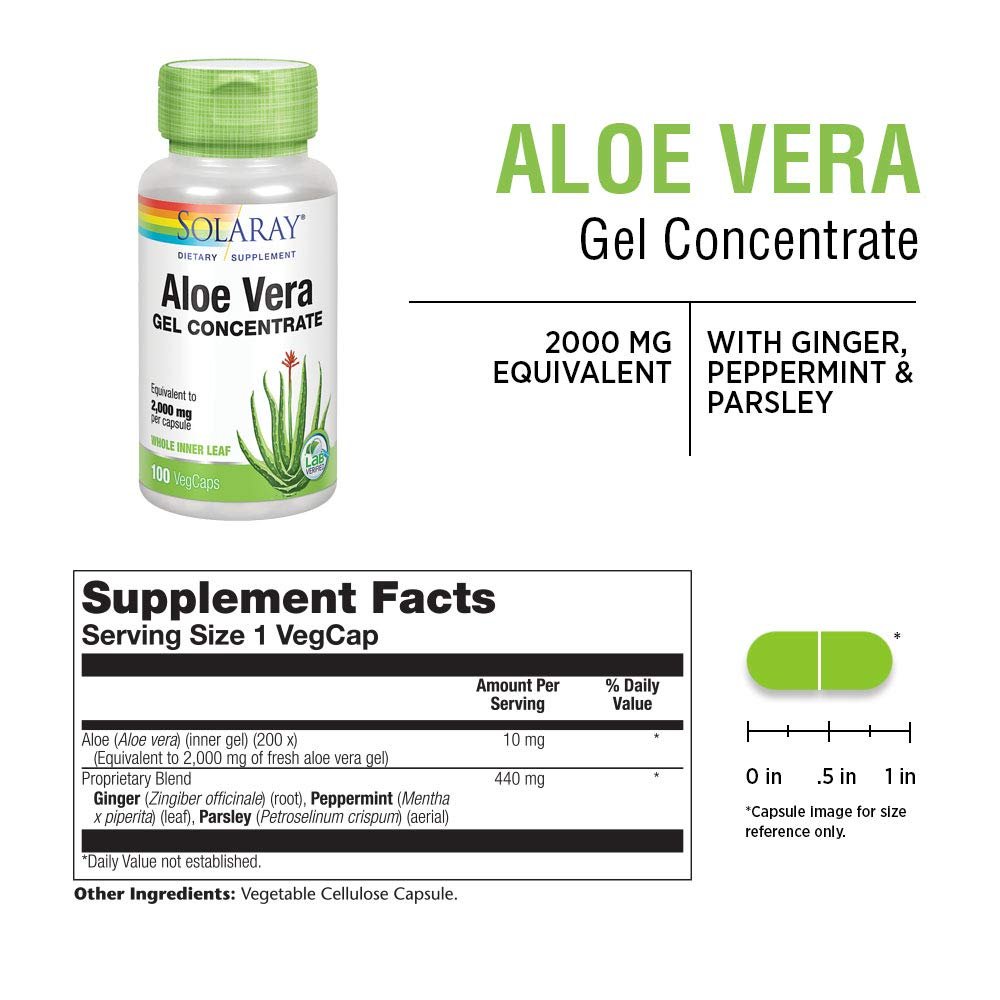 Solaray Aloe Vera Gel Concentrate - Antioxidant Support & Digestive Health - 2000 mg Equivalent - 100 VegCaps