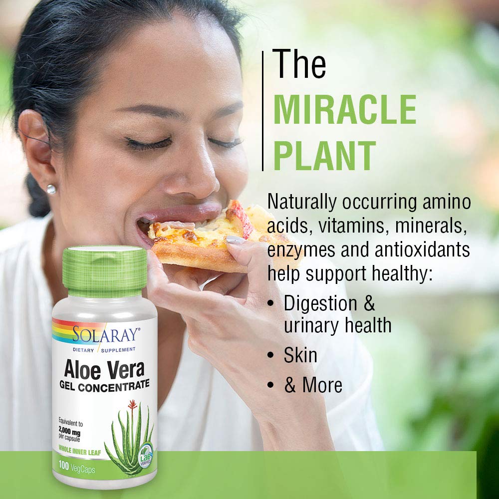 Solaray Aloe Vera Gel Concentrate - Antioxidant Support & Digestive Health - 2000 mg Equivalent - 100 VegCaps
