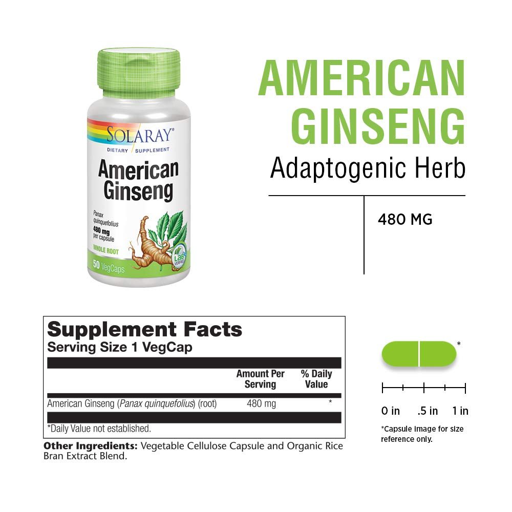 SOLARAY American Ginseng 480 mg | Adaptogenic Herb | Healthy Stress, Energy & Physical Endurance Support | 50 VegCaps