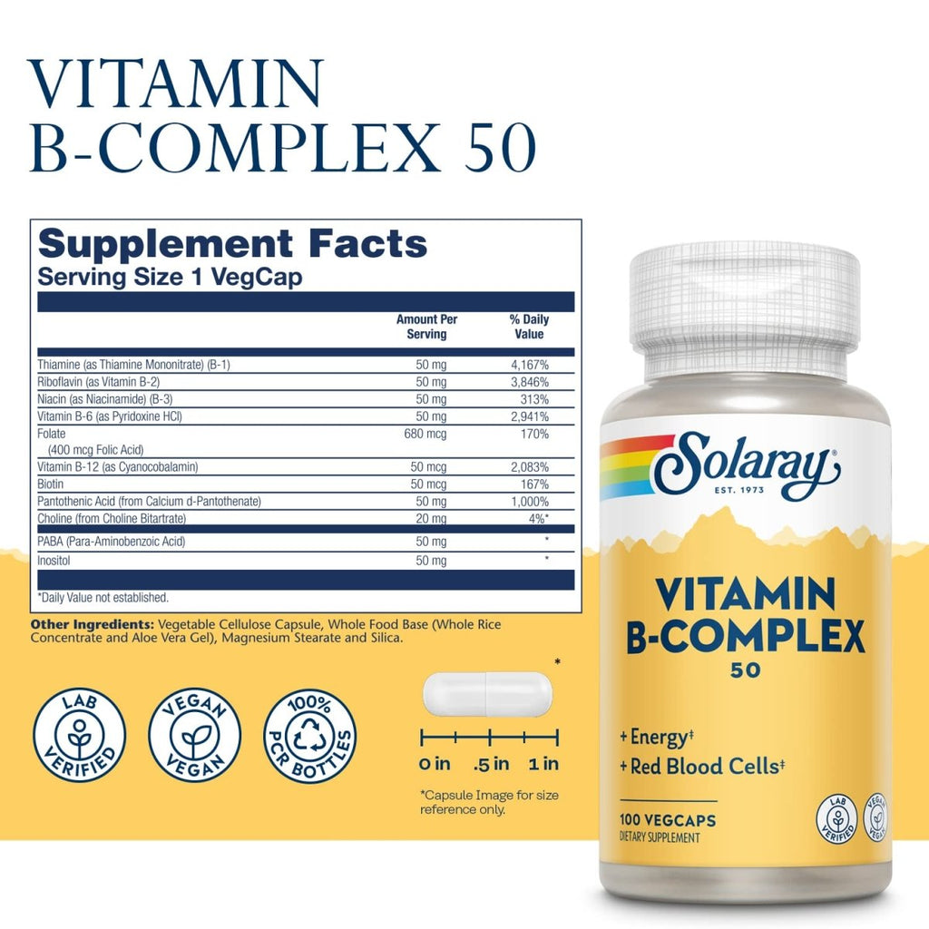 Solaray B-Complex 50mg - Comprehensive B-Vitamin Support for Energy and Overall Well-Being - 100 Count
