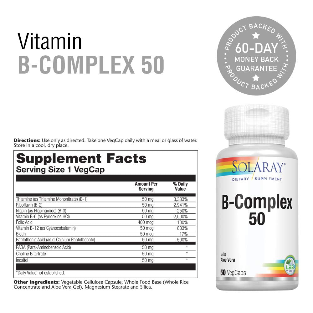 SOLARAY B-Complex Supplement, 50mg, 50 Count