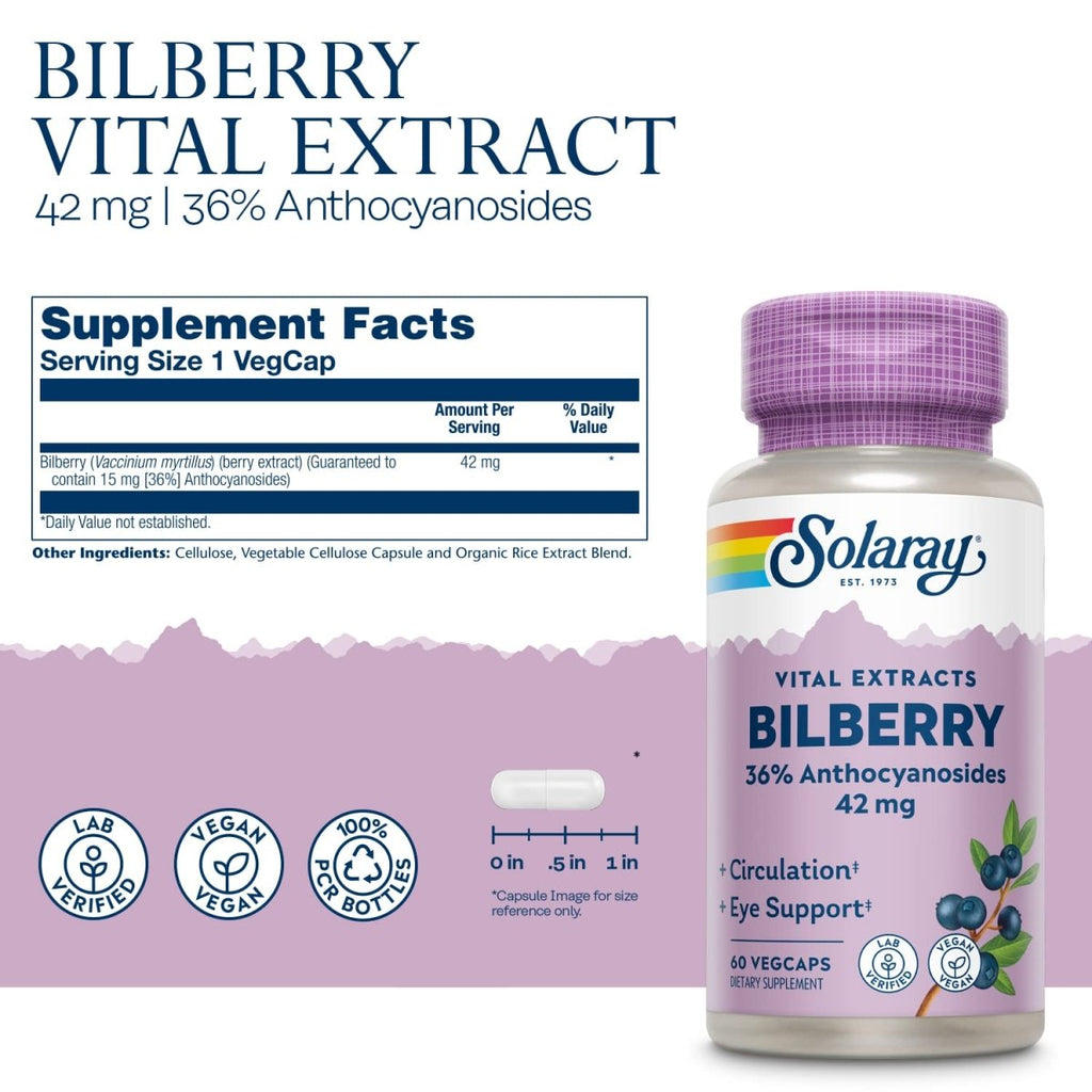 SOLARAY Bilberry Berry Extract 42 mg, Eye Health & Circulation Support, with 36% Anthocyanosides, Vegan, 60 VegCaps