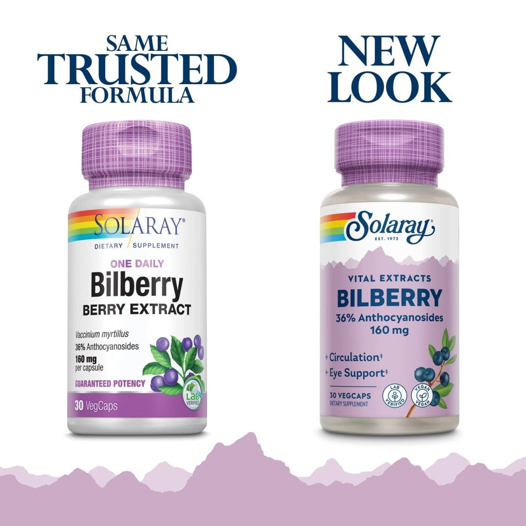 SOLARAY Bilberry Extract 160 mg VegCaps | Eye Health & Circulation Support | 36% Anthocyanosides with Blueberry | Vegan | 30 Count