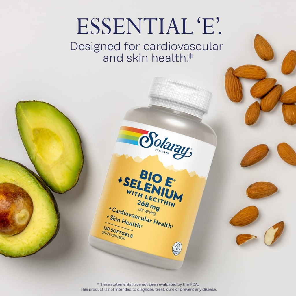 Solaray Bio Vitamin E with Selenium, Vitamin E 400 IU Softgels Plus Selenium 100 mcg, Antioxidants Supplement for Healthy Skin and Heart Support, High Absorption, Lab Verified, 60-Day Guarantee, 60 Servings, 120 Softgels