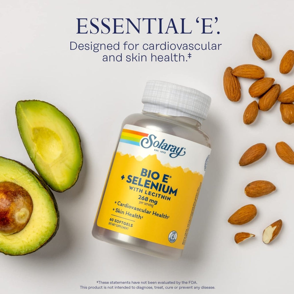 SOLARAY Bio Vitamin E with Selenium, Vitamin E 400 IU Softgels Plus Selenium 100 mcg, Healthy Skin and Heart Support, High Absorption, Lab Verified, 60-Day Guarantee, 30 Servings, 60 Softgels
