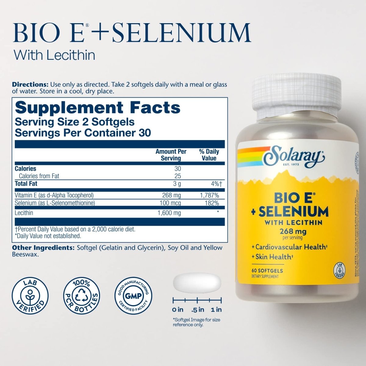 SOLARAY Bio Vitamin E with Selenium, Vitamin E 400 IU Softgels Plus Selenium 100 mcg, Healthy Skin and Heart Support, High Absorption, Lab Verified, 60-Day Guarantee, 30 Servings, 60 Softgels
