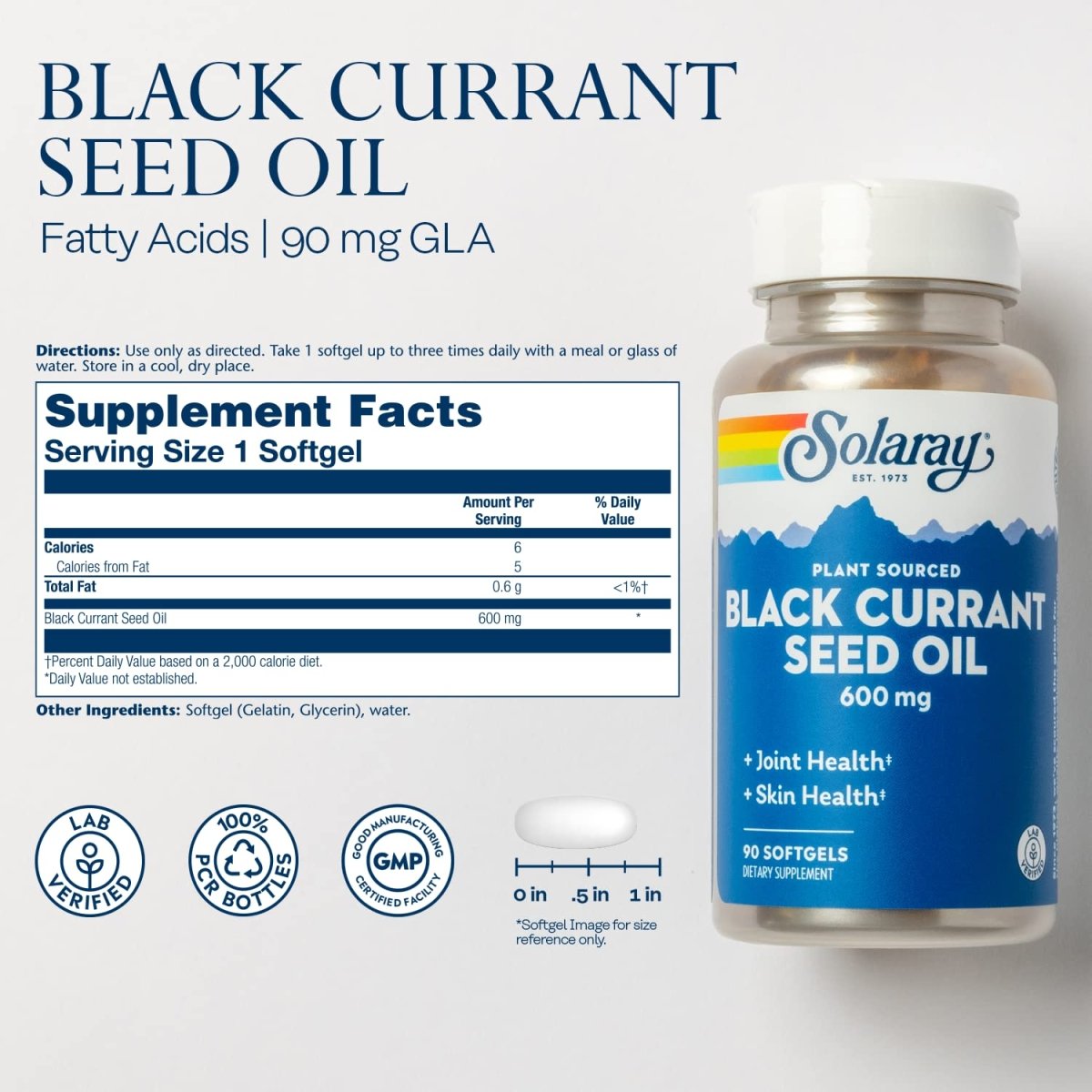 SOLARAY Black Currant Seed Oil 600 mg Gamma Linolenic Acid (GLA) Healthy Skin, Hair, Joints, Vascular & Immune Function Support 90 Softgels