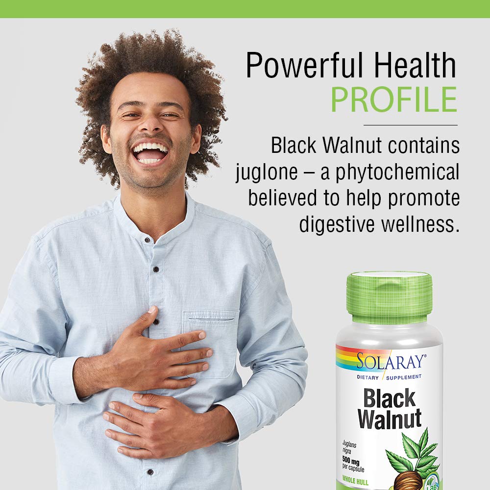 SOLARAY Black Walnut 500 mg | Whole Hull | Healthy Digestive & Intestinal Wellness Support | Non-GMO, Vegan & Lab Verified | 100 VegCaps