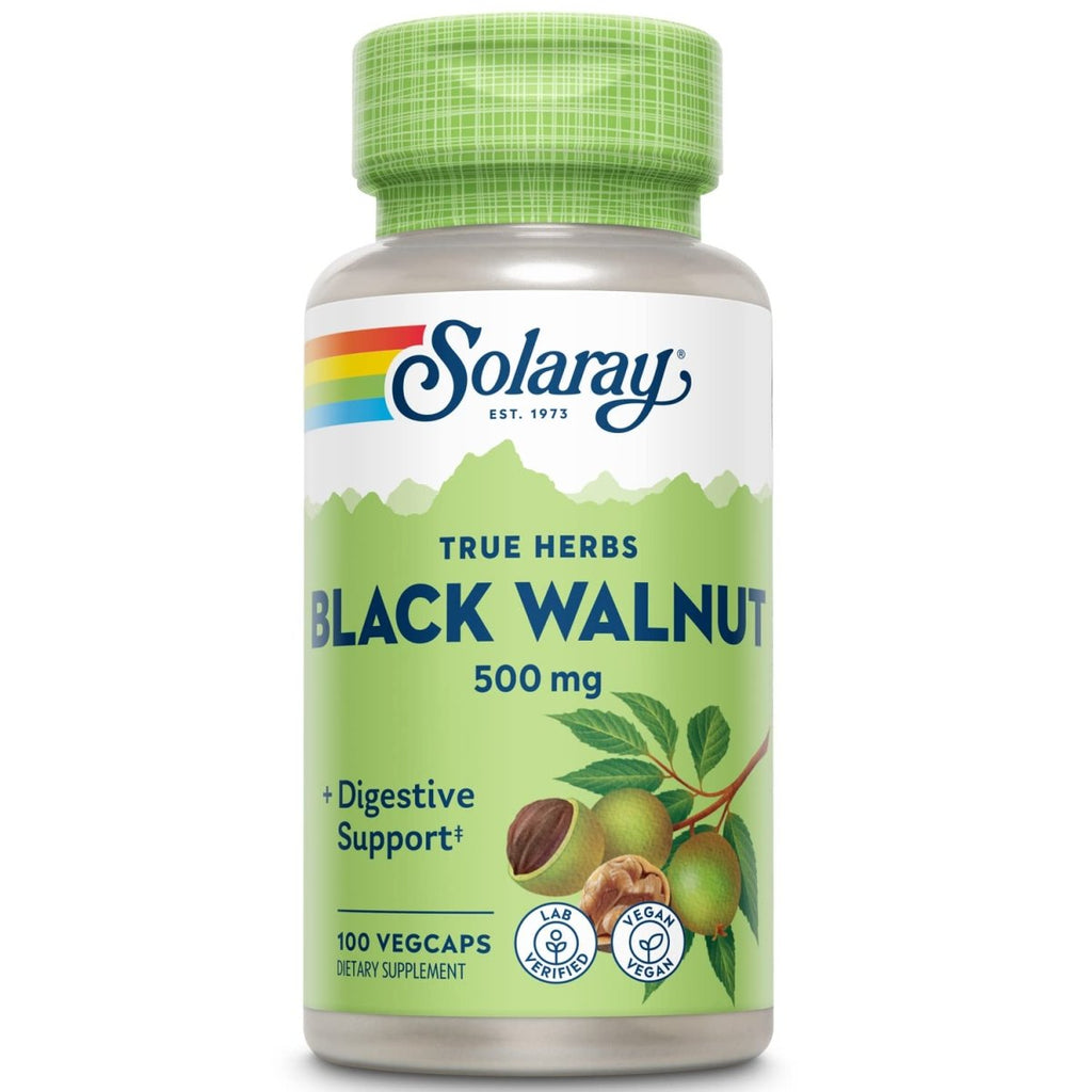 SOLARAY Black Walnut 500 mg | Whole Hull | Healthy Digestive & Intestinal Wellness Support | Non-GMO, Vegan & Lab Verified | 100 VegCaps
