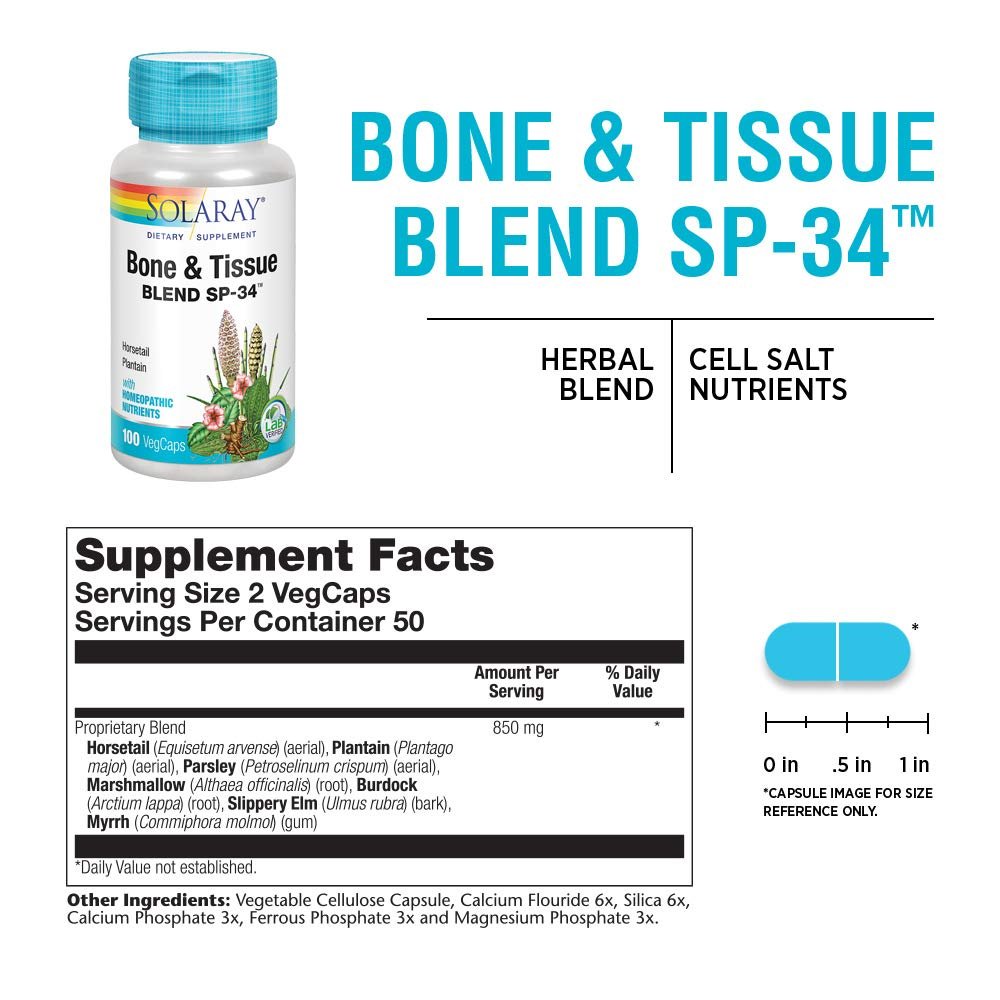 Solaray Bone and Tissue Blend SP-34 | Herbal Blend w/Cell Salt Nutrients for Healthy Bones & Connective Tissues Support | 50 Servings | 100 VegCaps