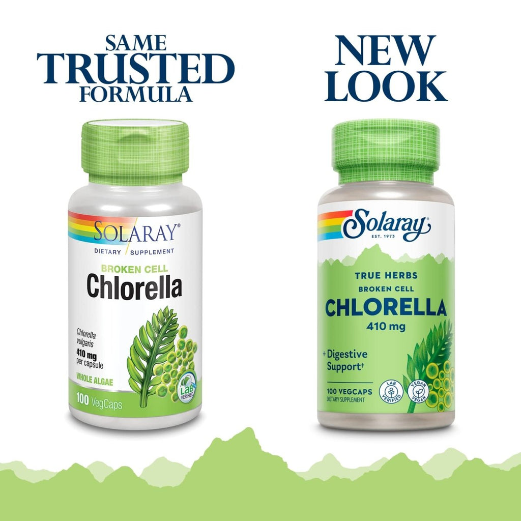 SOLARAY Broken Cell Chlorella 410 mg | Nutrient-Rich Superfood w/Naturally Occurring Protein, Vitamins, Minerals, Chlorophyll | Non-GMO | 100 VegCaps