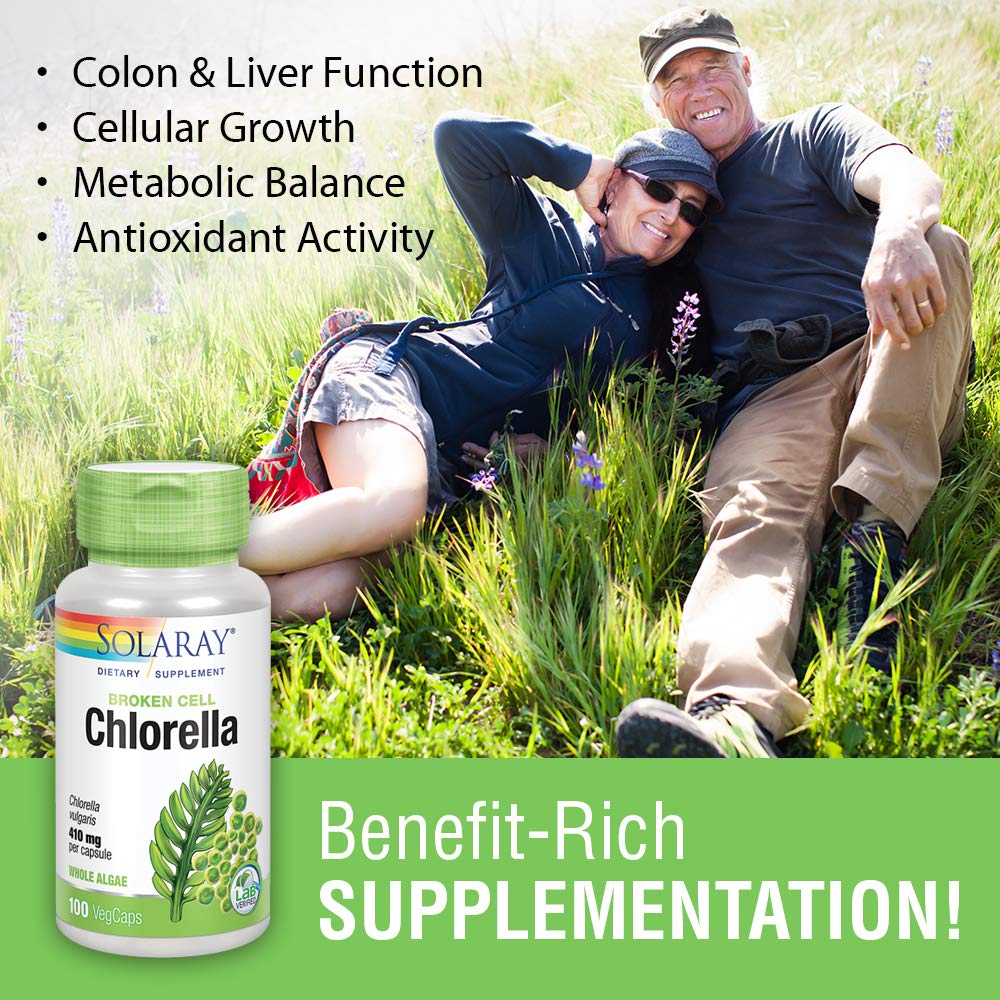 SOLARAY Broken Cell Chlorella 410 mg | Nutrient-Rich Superfood w/Naturally Occurring Protein, Vitamins, Minerals, Chlorophyll | Non-GMO | 100 VegCaps