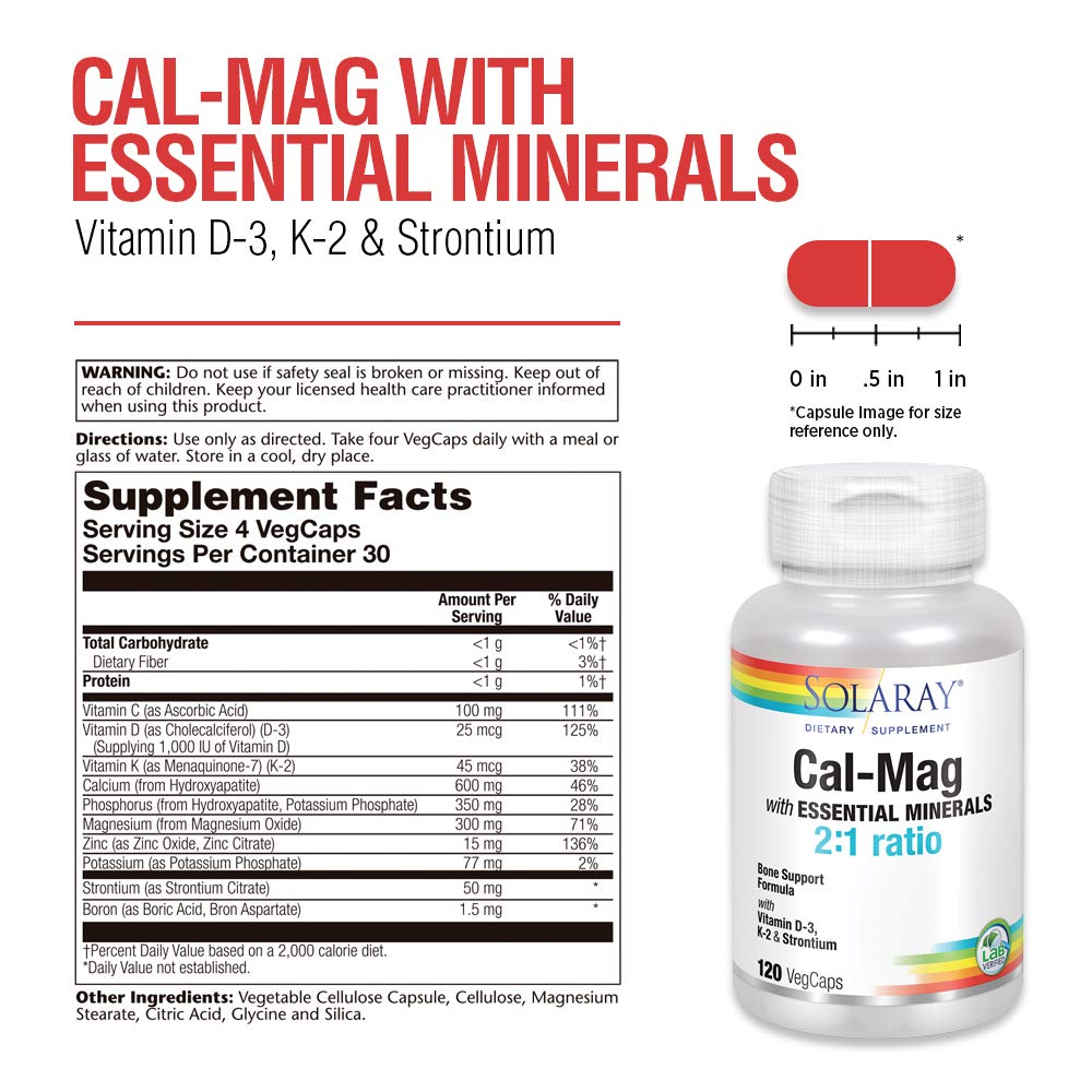Solaray Cal-Mag with Essential Minerals | Comprehensive Bone Support Formula | Calcium, Magnesium, Strontium, Vitamins D-3 & K-2 | 120 VegCaps, 30 Servings