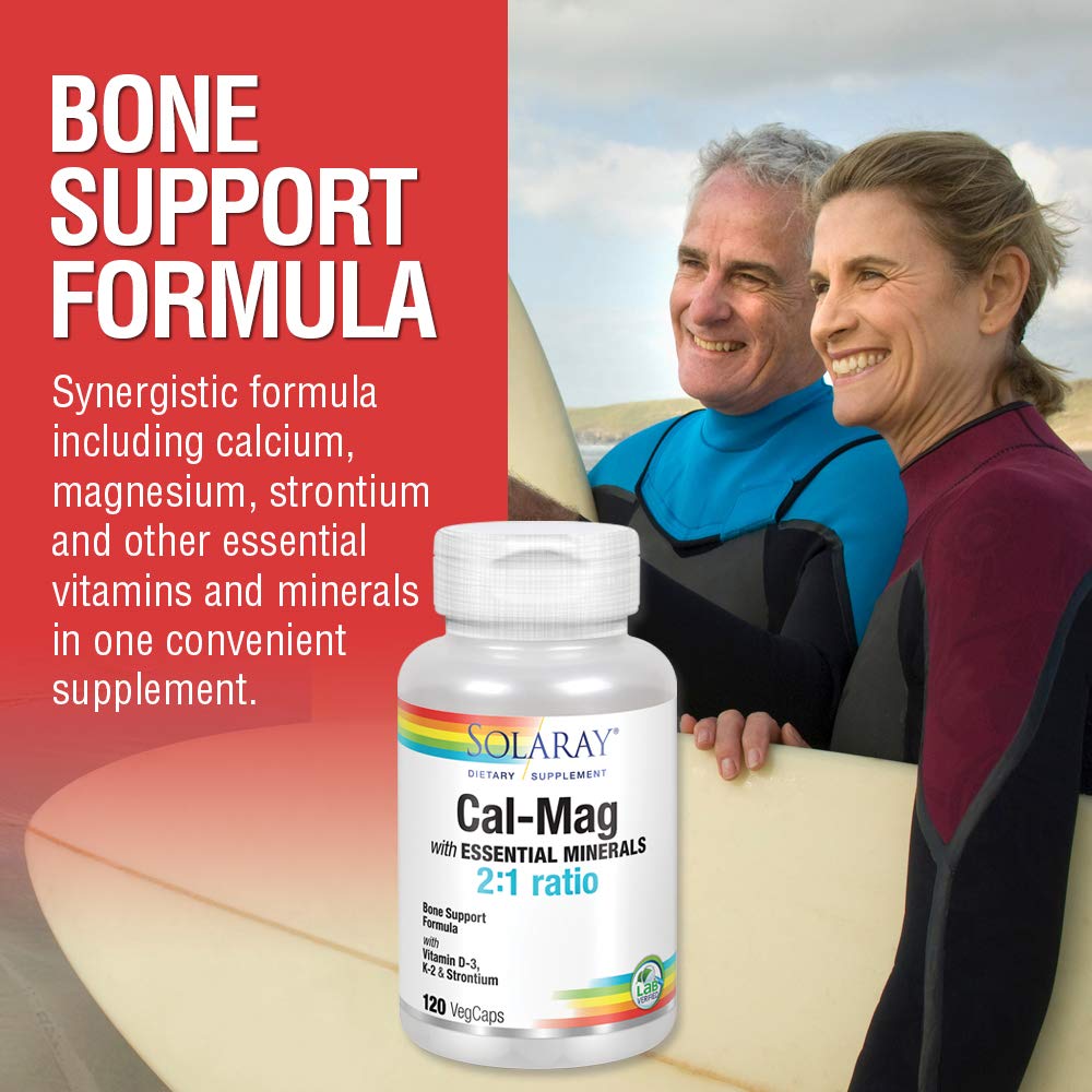 Solaray Cal-Mag with Essential Minerals | Comprehensive Bone Support Formula | Calcium, Magnesium, Strontium, Vitamins D-3 & K-2 | 120 VegCaps, 30 Servings