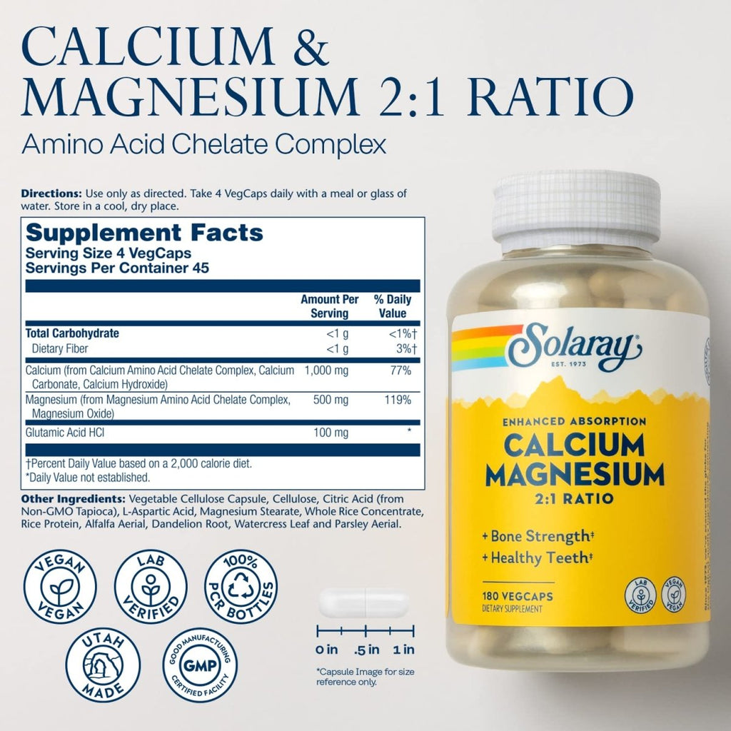 Solaray Calcium and Magnesium AAC Capsules, 180 Count (Packaging May Vary)