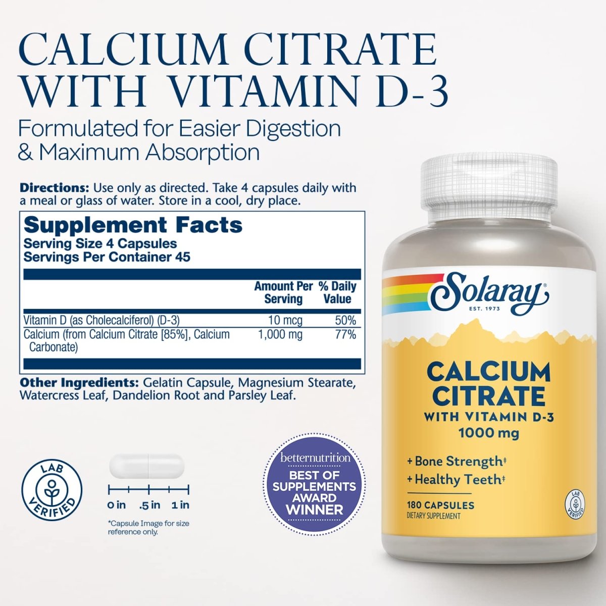 Solaray Calcium Citrate with Vitamin D-3 1000mg | for Healthy Bones & Teeth, Cardiovascular, Muscle & Nerve Function | Enhanced Absorption | 180 Ct