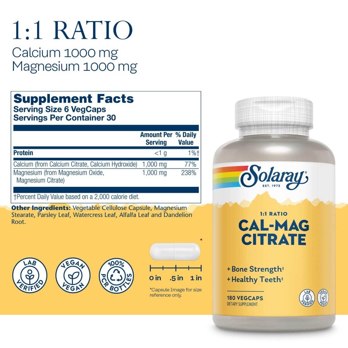 Solaray Calcium Magnesium Citrate 1:1 Ratio, Healthy Bones, Teeth, Muscle & Nervous System Support, 30 Serv, 180 VegCaps